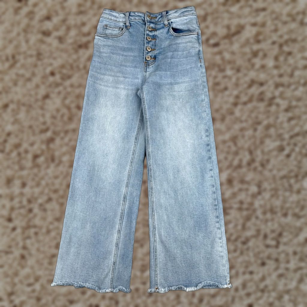 Vintage TNR Jeans Womens Jeans 26 Blue Denim Wide Leg Raw Hem Button Fly High Rise 25x26 Vintage No Size 26" / US 2 / IT 38 - 1 Thumbnail