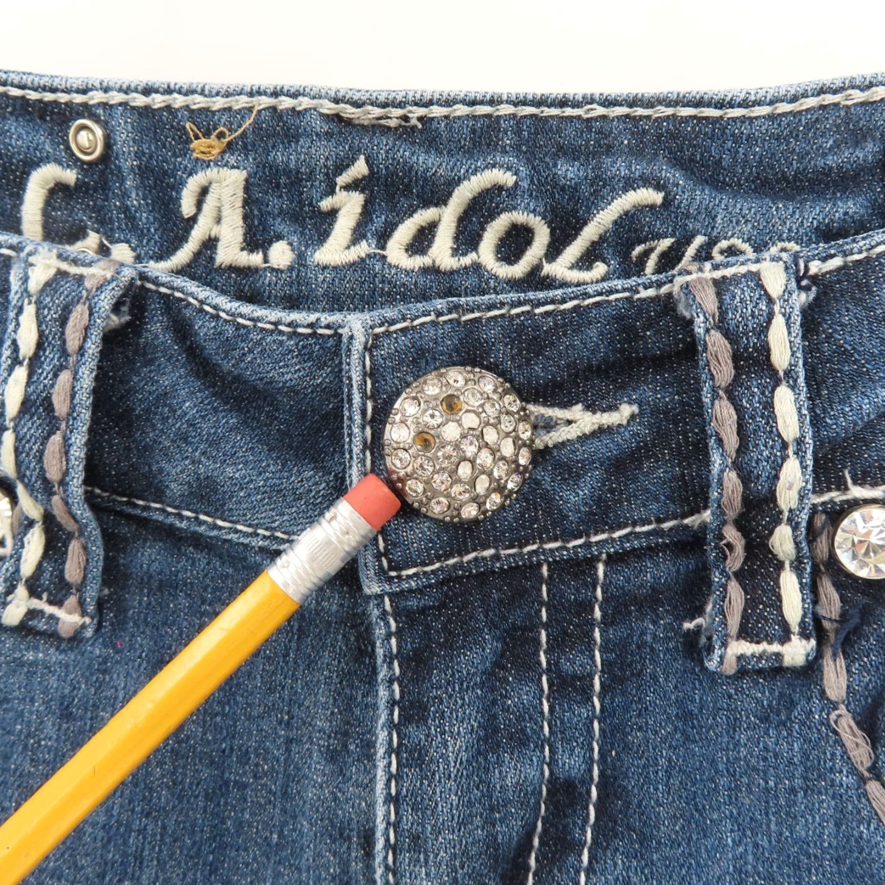 Denime LA Idol Jeans Bootcut Denim 5 Juniors Low Rise Rhinestone Blue 5-Pocket Regular Womens Vintage: No Size 27" / US 4 / IT 40 - 4 Thumbnail
