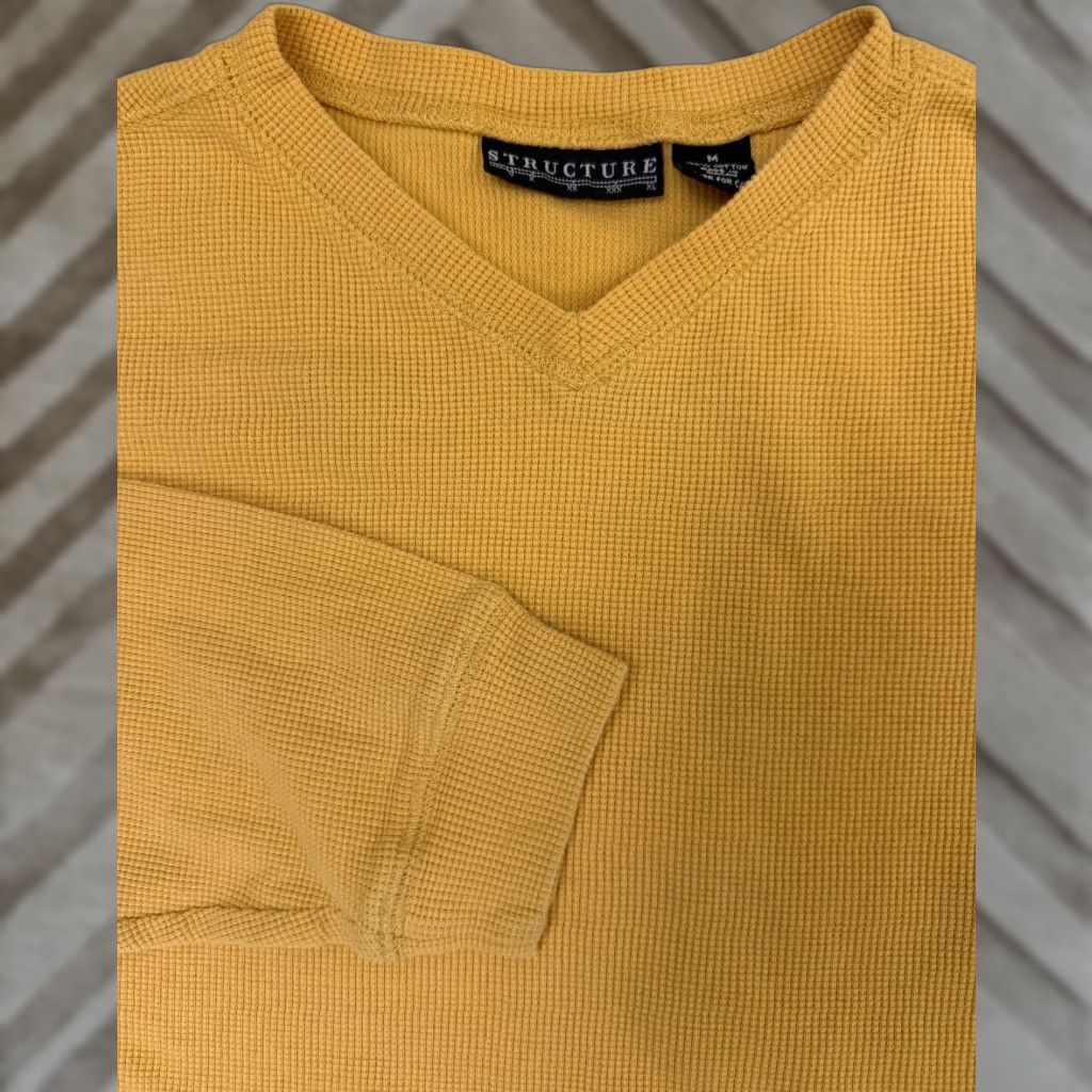 Buttero VINTAGE Structure Waffle-Knit Shirt Men M V-Neck Yellow 90s Grunge Hipster Outdoor Mens Size US M / EU 48-50 / 2 - 1 Thumbnail