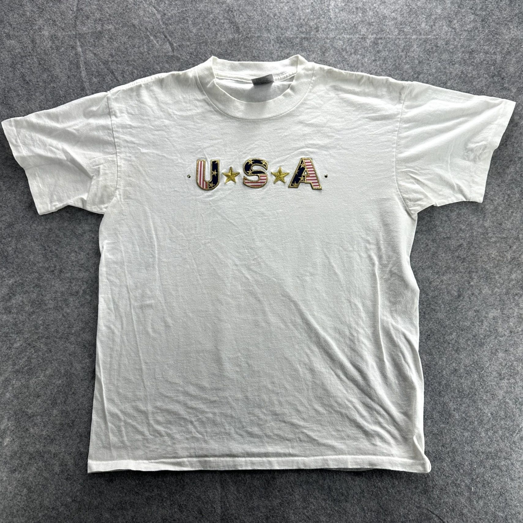 Vintage VINTAGE USA Shirt Mens Large White American Flag Embroidered Patriotic Tee 90s Size US L / EU 52-54 / 3 - 2 Thumbnail