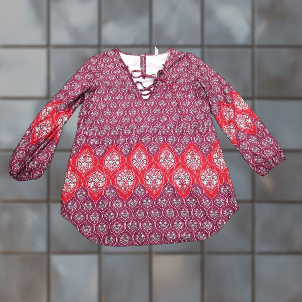 Vintage Rubys Botique Shirt Womens L Red Tunic Kaftan V-neck Lace Up Ladies L Size L / US 10 / IT 46 - 1 Thumbnail