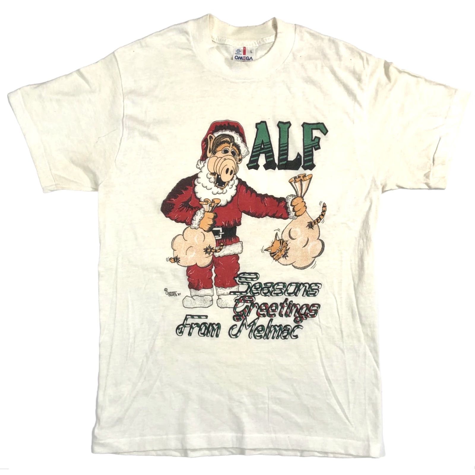 Omega VINTAGE ALF Seasons Greetings Christmas Single Stitch White T Shirt Muppets M23 1987 1980s XL Mens Size US L / EU 52-54 / 3 - 2 Thumbnail