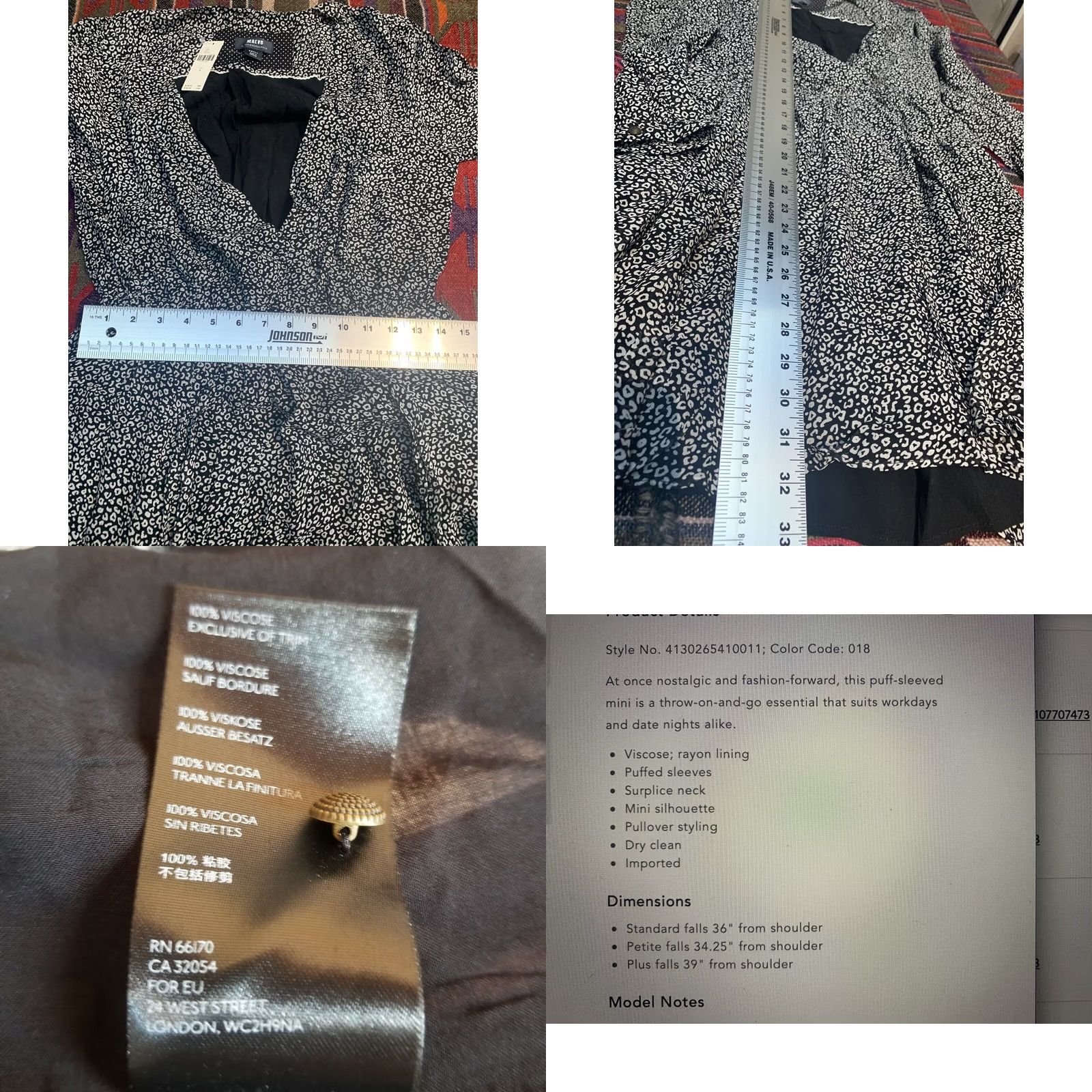 Anthropologie Maeve by Anthropologie Women's Mini Dress Cheetah Print Overlap Black White Small NWT Overlap V-Neck Long Sleeve 100% Viscose Size S / US 4 / IT 40 - 8 Thumbnail