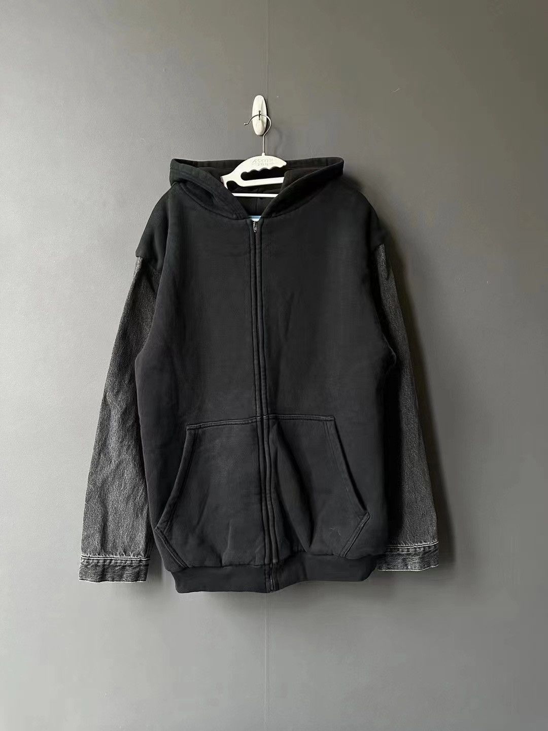 image of Balenciaga Hoodie Denim Sleeve Jacket in Black, Men's (Size Small)