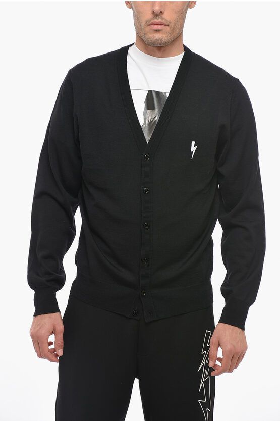 image of Neil Barrett Wool Bolt Cardigan With Embroidery in Black, Men's (Size XL)