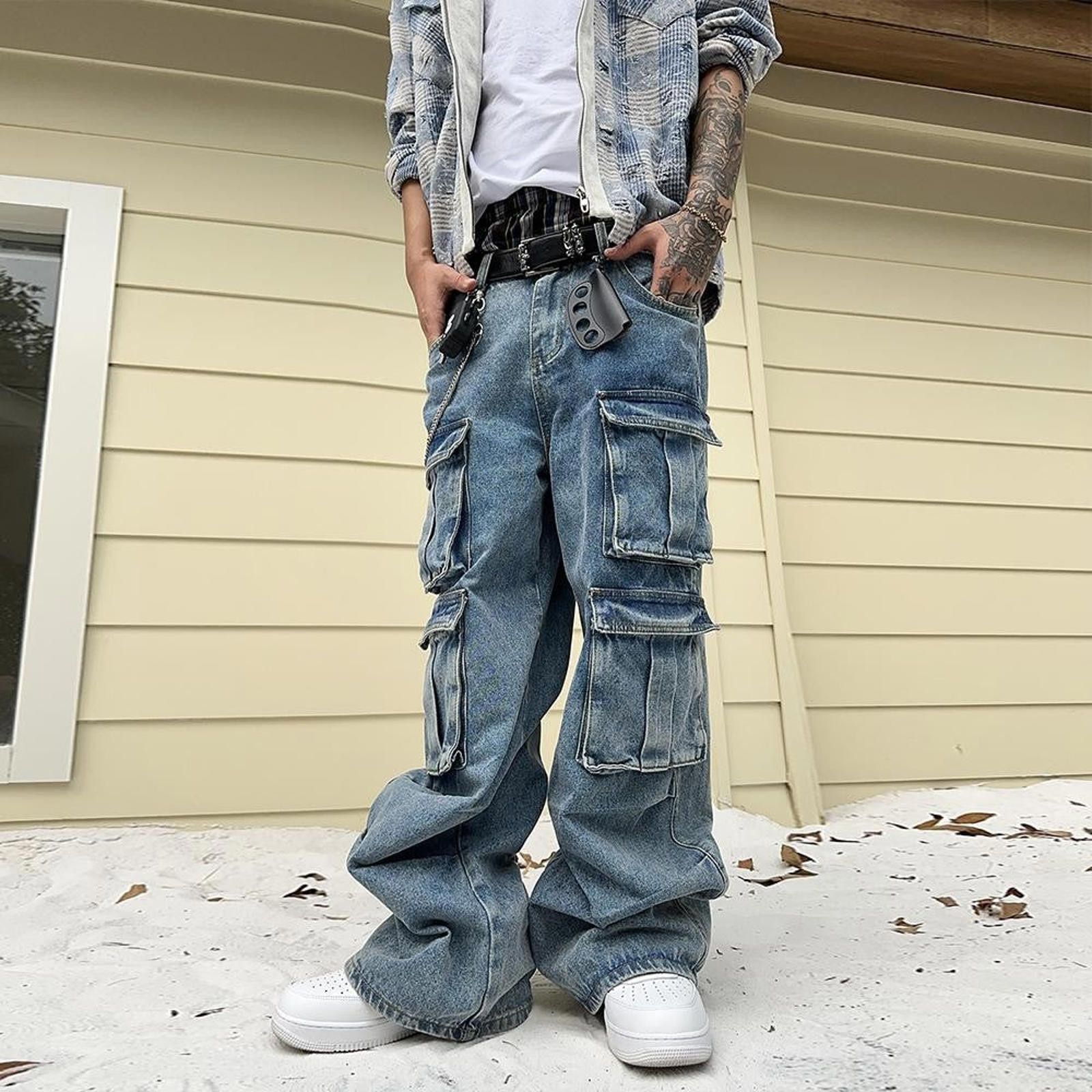 Japanese Brand Multi Pocket Cargo Stacked Flared Jeans Size US 32 / EU 48 - 4 Thumbnail