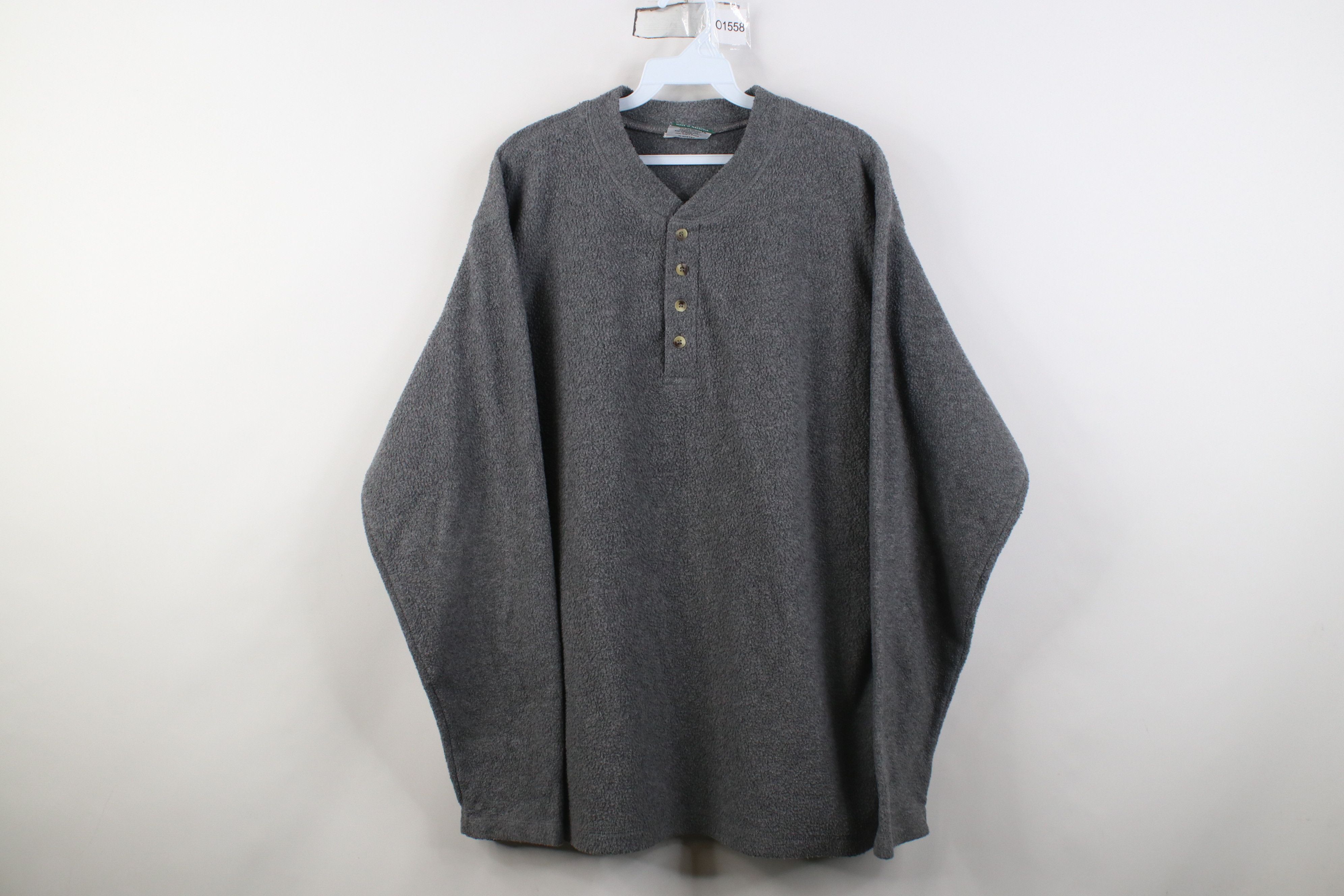 Vintage Vintage 90s Streetwear Blank Fleece Henley Sweater Gray Size US L / EU 52-54 / 3 - 1 Thumbnail