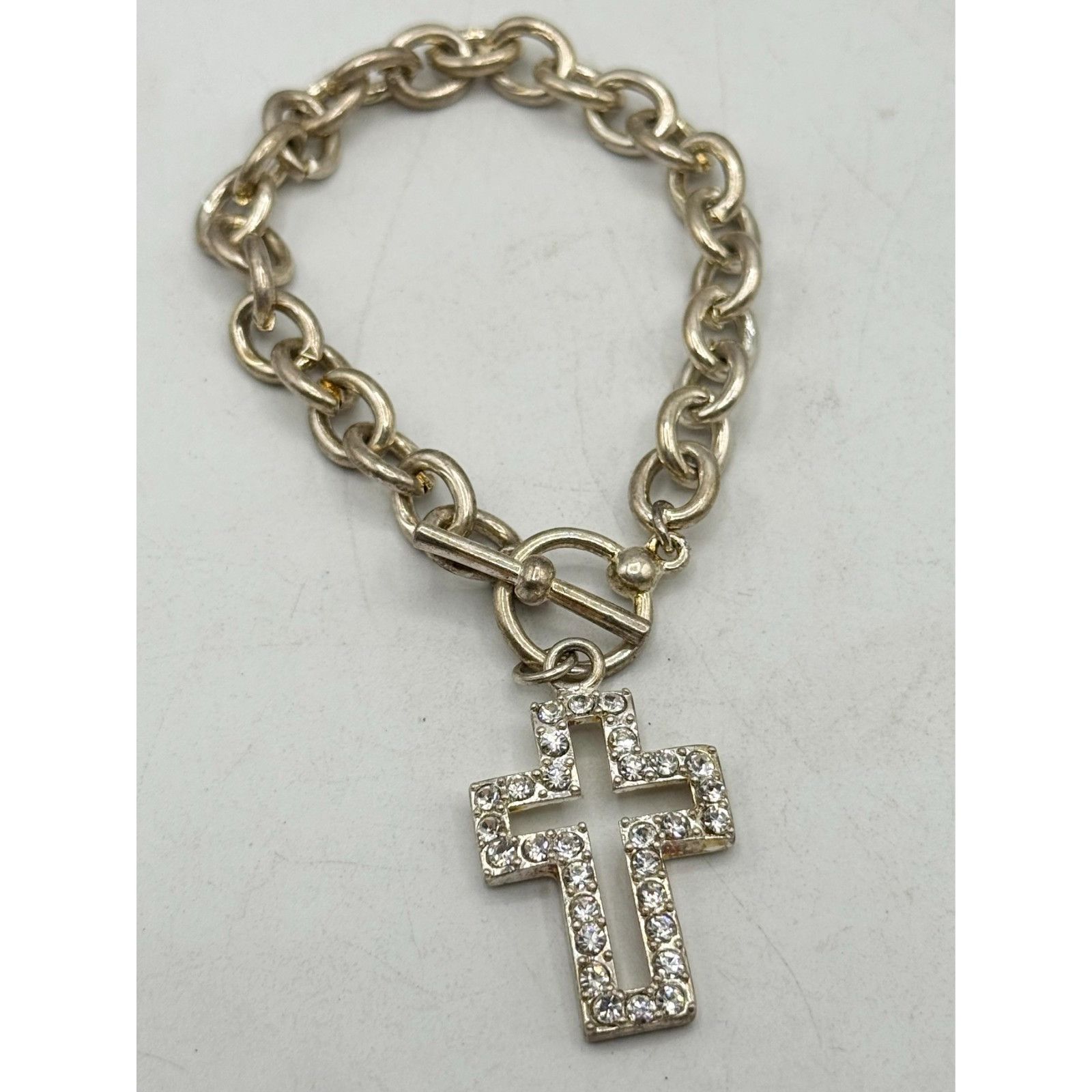 Vintage Vintage silver rhinestone cross charm bracelet Size ONE SIZE - 2 Thumbnail