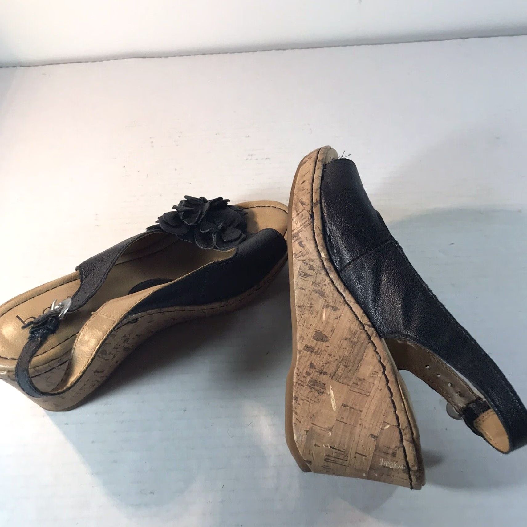Born Born Concept Black Leather Floral Wedge Slingback Shoes Women’s Size 6M Summer Casual Heel Size US 6 / IT 36 - 6 Thumbnail