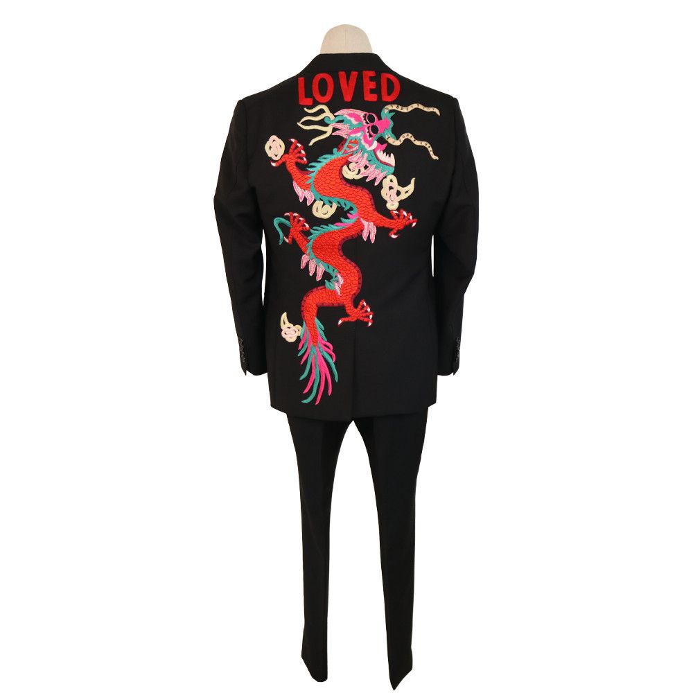 Gucci Gucci Black Wool Suit with Loved Dragon Back Embroidery Size 48R - 1 Thumbnail