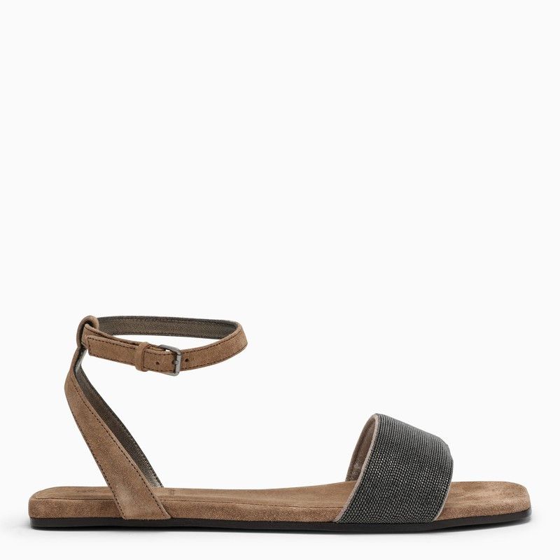 image of Brunello Cucinelli Brown Suede Sandal With Beads in Beige, Women's (Size 9)
