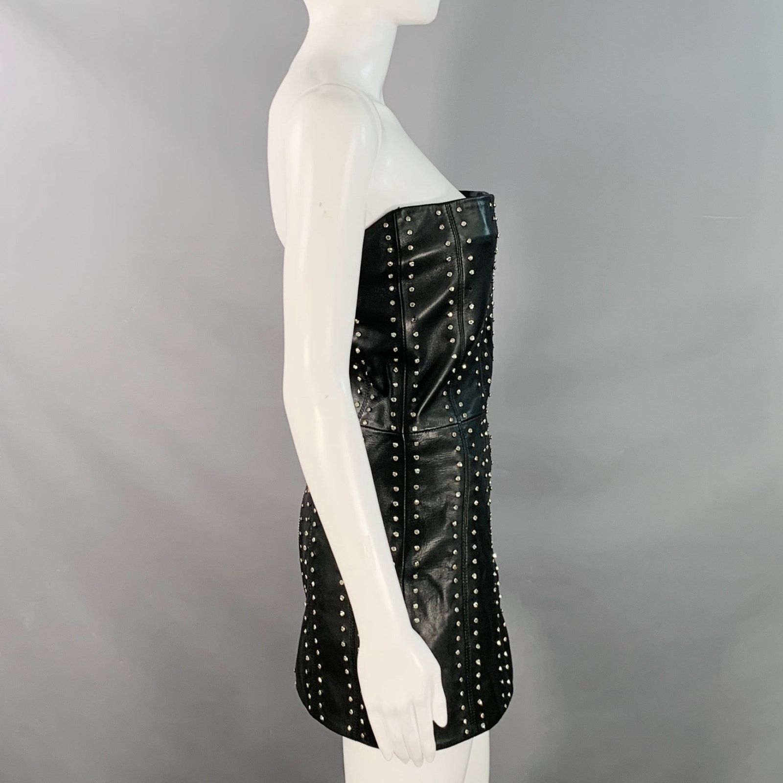 Retrofete S Black Silver Leather Strapless Crystal Studded Mini Dress Size S / US 4 / IT 40 - 2 Thumbnail