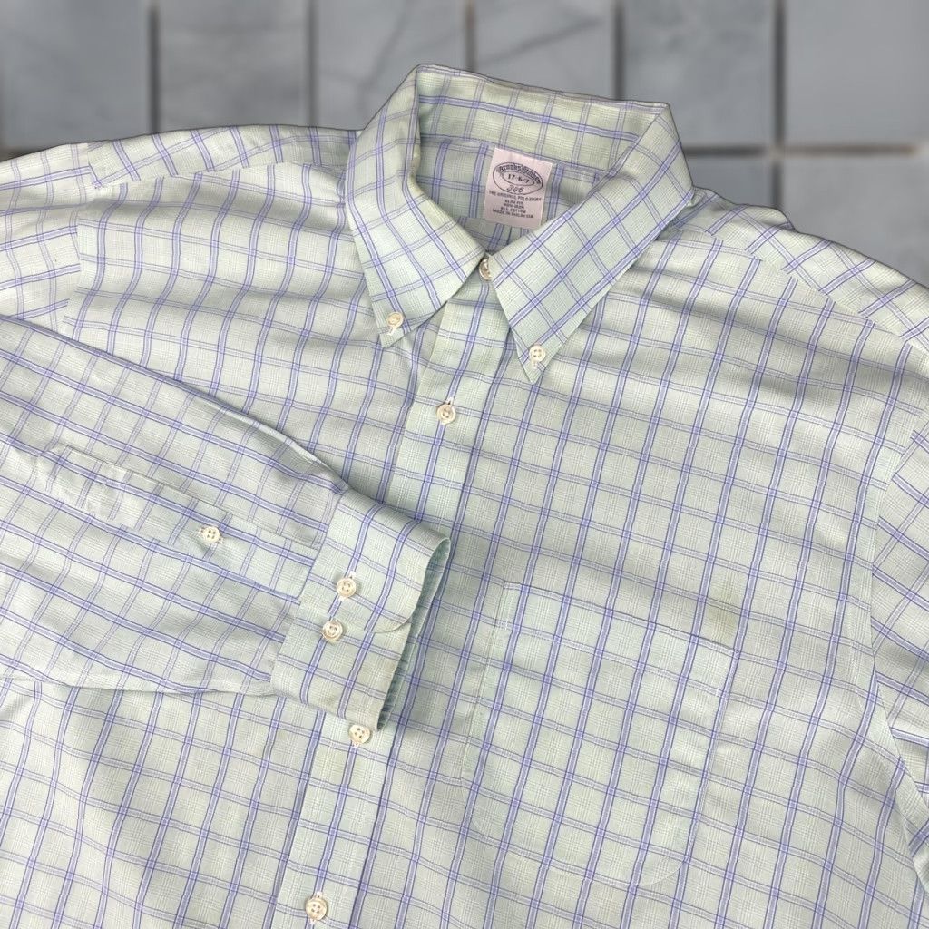 Brooks Brothers Brooks Brothers Shirt Mens 17 Green Blue Plaid Slim Fit Non Iron Cotton Size US XL / EU 56 / 4 - 1 Thumbnail
