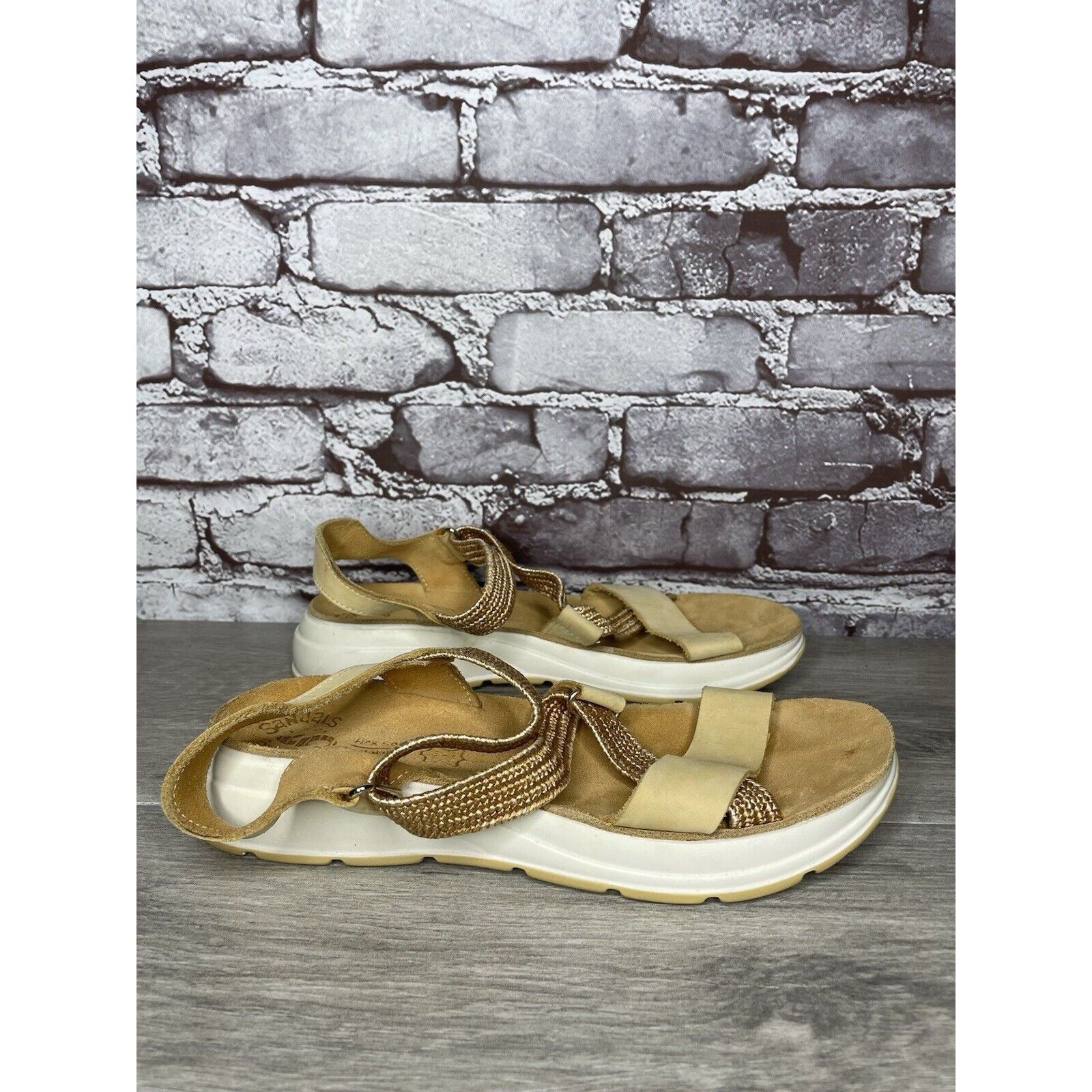 Other Fantasy Sandals Tan Nubuck Fabric Cross Strap Wedge Flex Sol Size US 8.5 / IT 38.5 - 3 Thumbnail