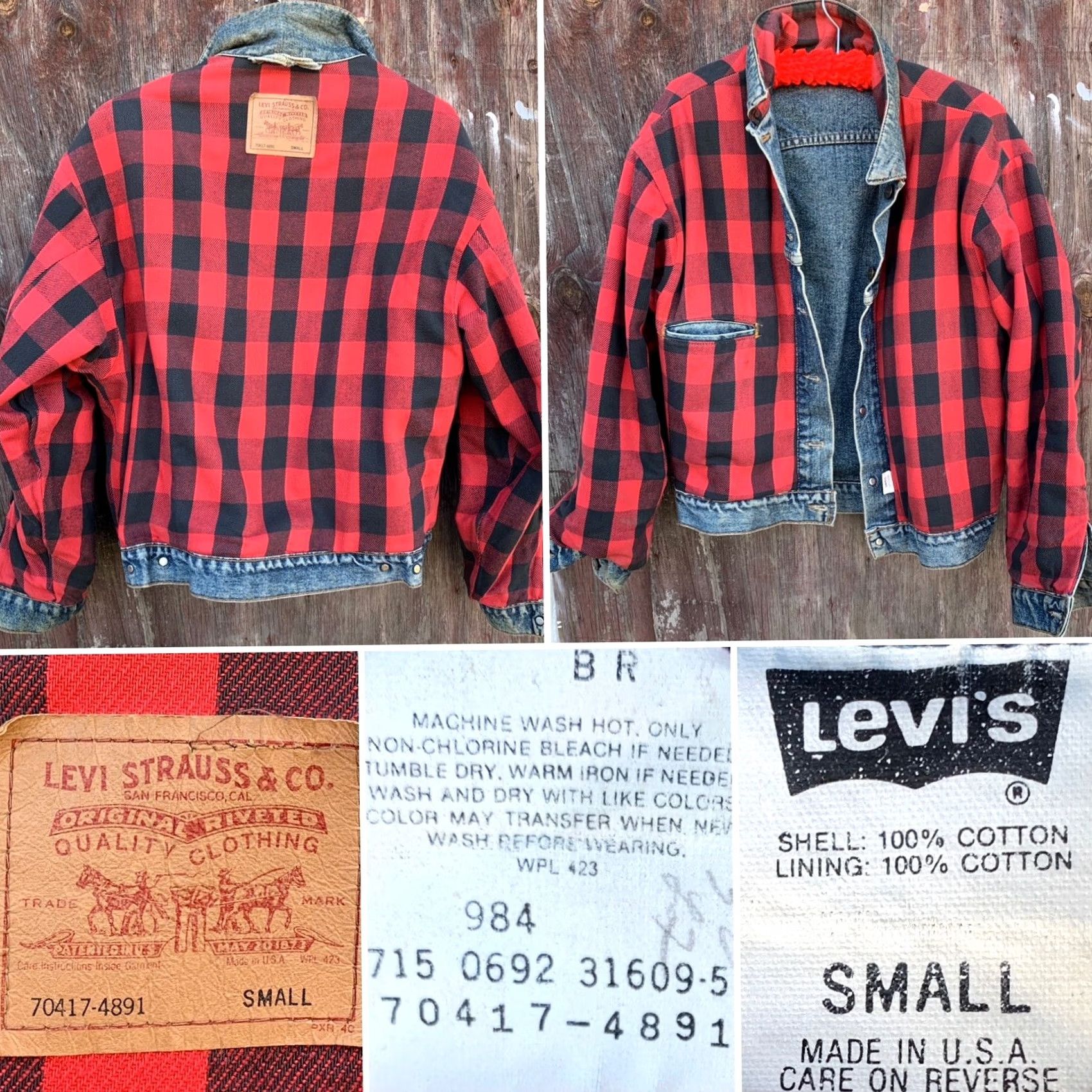 Levi's VINTAGE Levi's Denim Jacket Buffalo Plaid Lined Made In USA Cowboy Core Trucker S Mens Jacket Wide Western 70417-4891 Blue Denim Cotton Lined Vintage Size US S / EU 44-46 / 1 - 7 Thumbnail