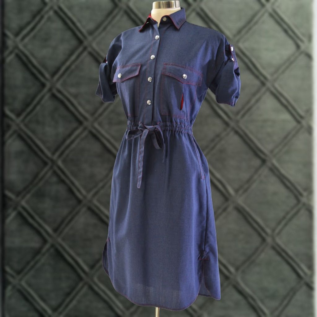 VINTAGE Rockabilly Denim Shirt Dress Blue 1980s M/L Regular Women's 40  Chest 42.5 Length USA