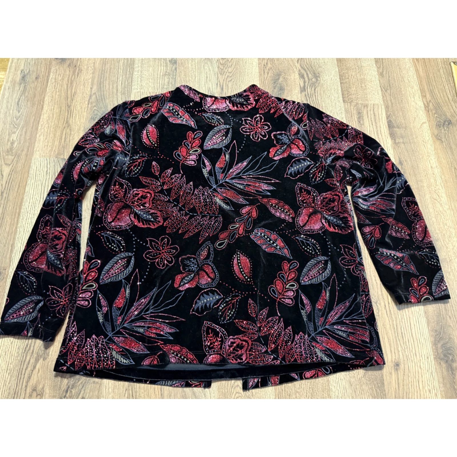 Vintage Notations Blouse Womens XL Black Pink Floral Sparkle One Button Long Sleeve Size XL / US 12-14 / IT 48-50 - 2 Thumbnail