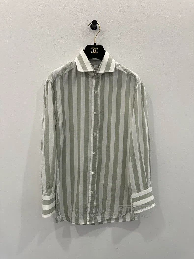 Brunello Cucinelli Brunello Cucinelli Gray and white vertical striped shirt Size US S / EU 44-46 / 1 - 1 Thumbnail