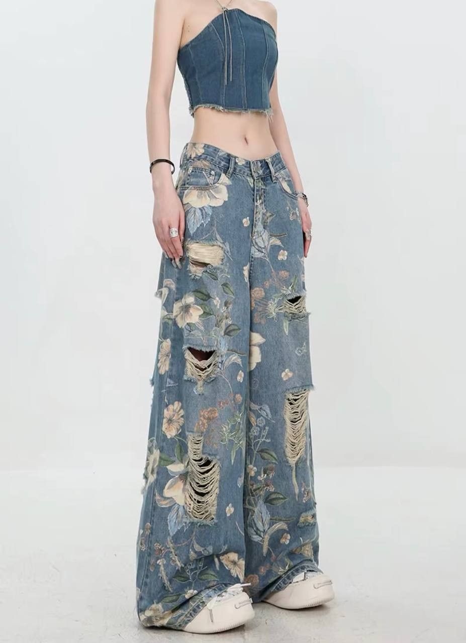 Japanese Brand × Vintage ripped wide leg pants with a design Size 26" / US 2 / IT 38 - 2 Thumbnail