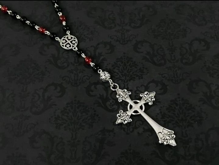 Other × Vintage Red and Black Gothic Rosary Long Gothic Cross with Beads Size ONE SIZE - 4 Thumbnail