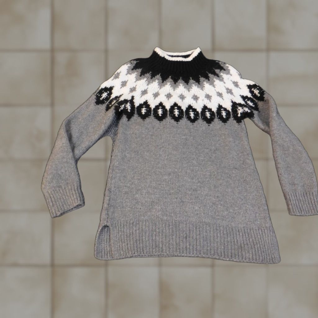 Loft LOFT Geometric Knit Pullover Sweater Medium Gray Wool Acrylic Rib Knit Long Sleeve High Neck Womens Regular Size M Size M / US 6-8 / IT 42-44 - 1 Thumbnail