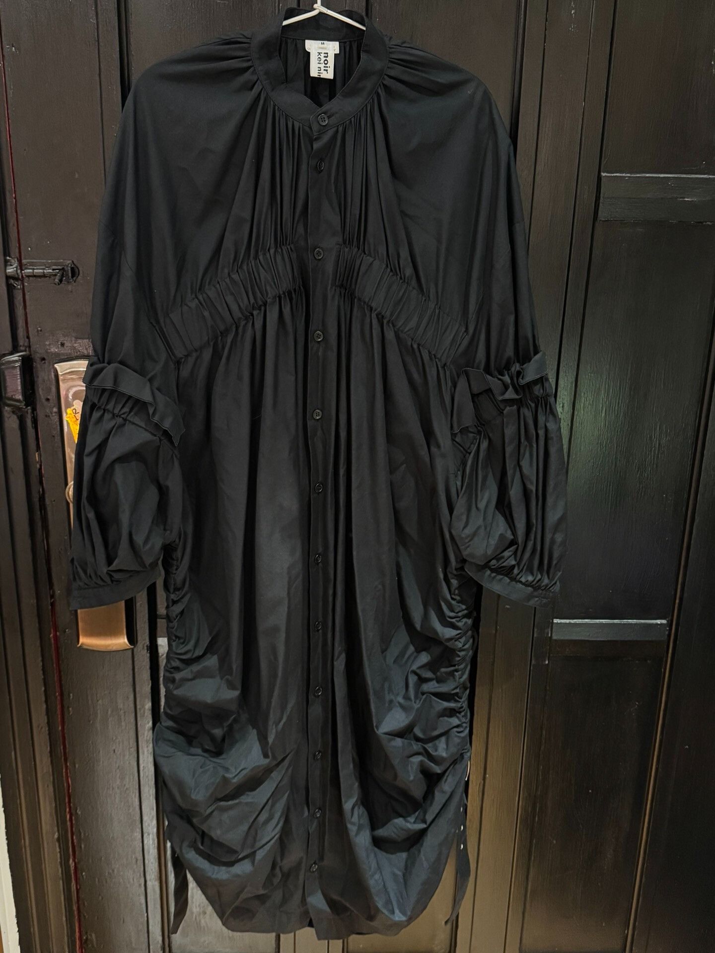 black ruched button-up shirt dress