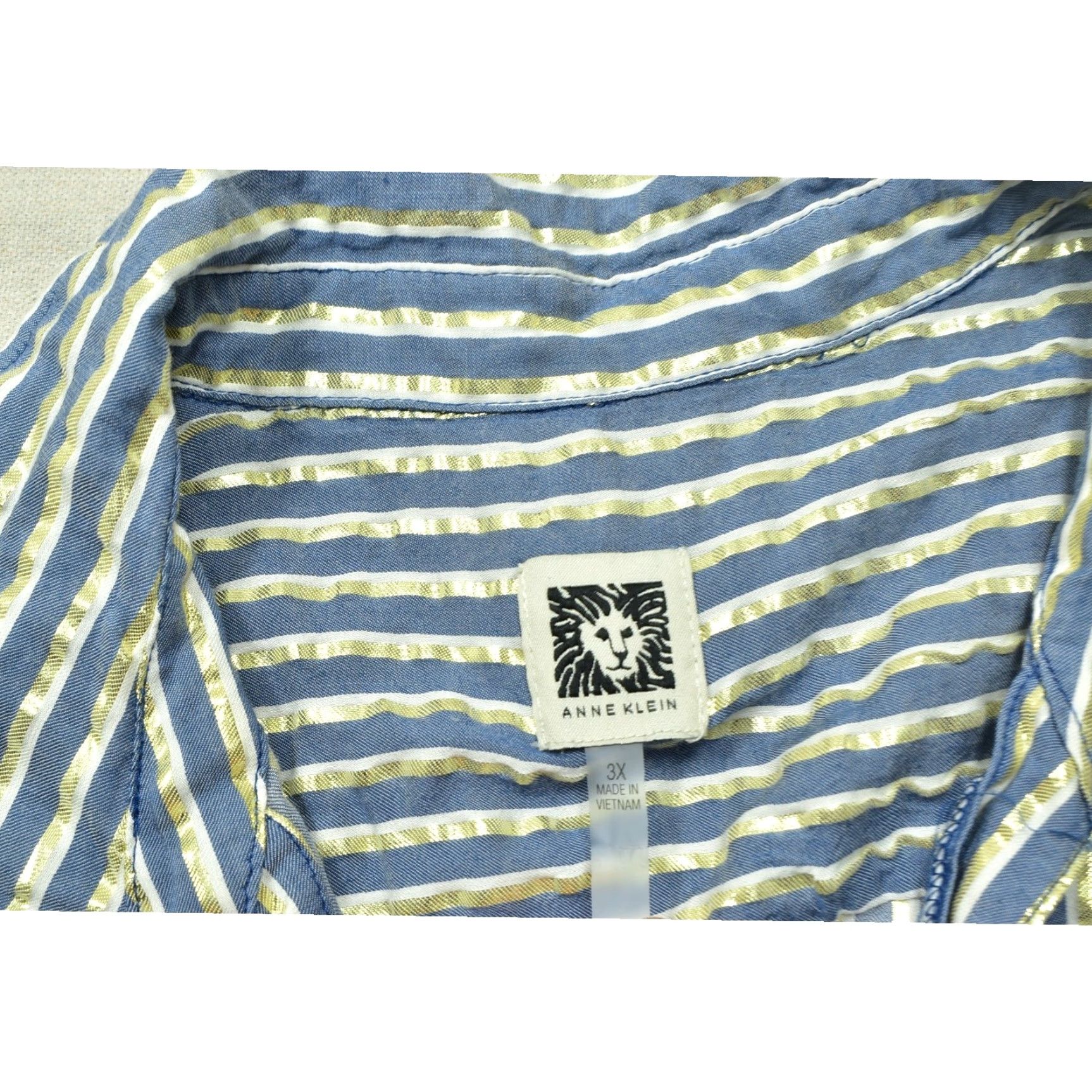 Anne Klein Anne Klein Womens Blouse Plus Size 3X Blue White Gold Metallic Stripe Zip Front Size XXL / US 16-18 / IT 52-54 - 6 Thumbnail