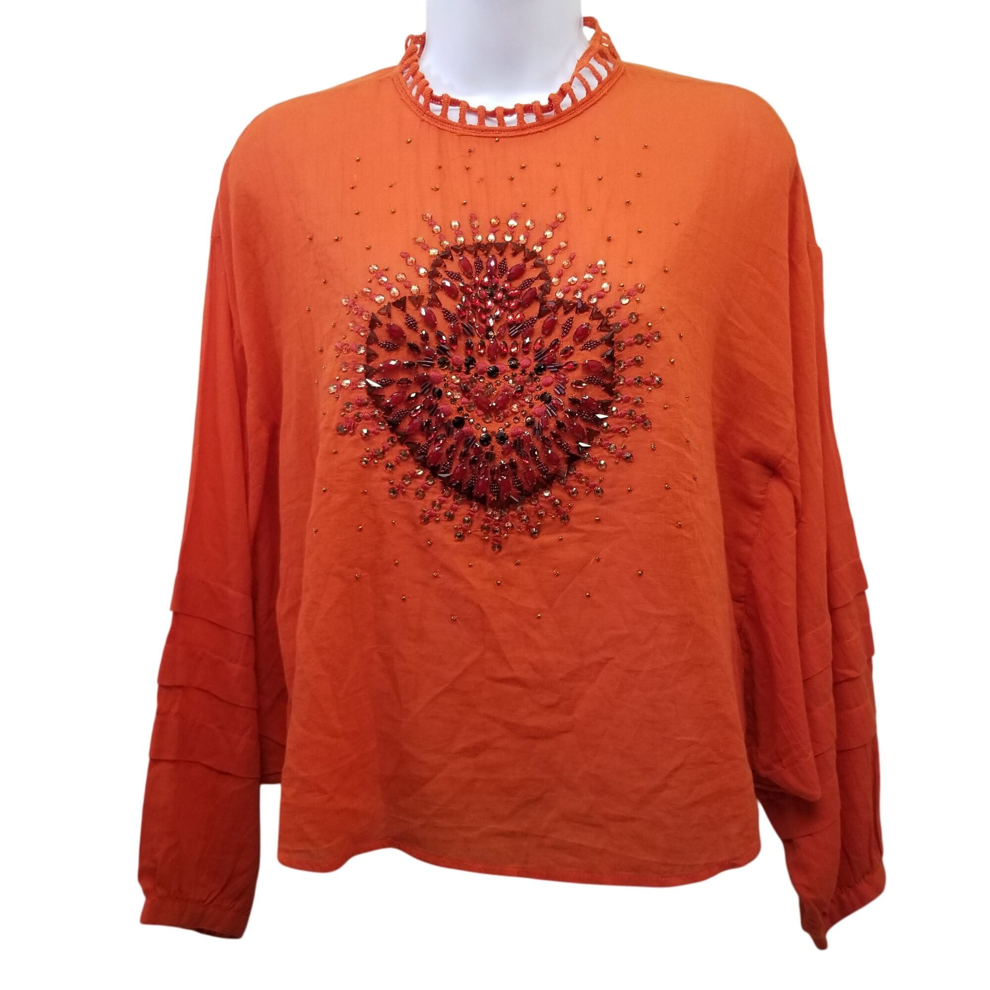 Free People Free People S Heart of Gold Orange Beaded Boho Top Semi Shee Size S / US 4 / IT 40 - 2 Thumbnail
