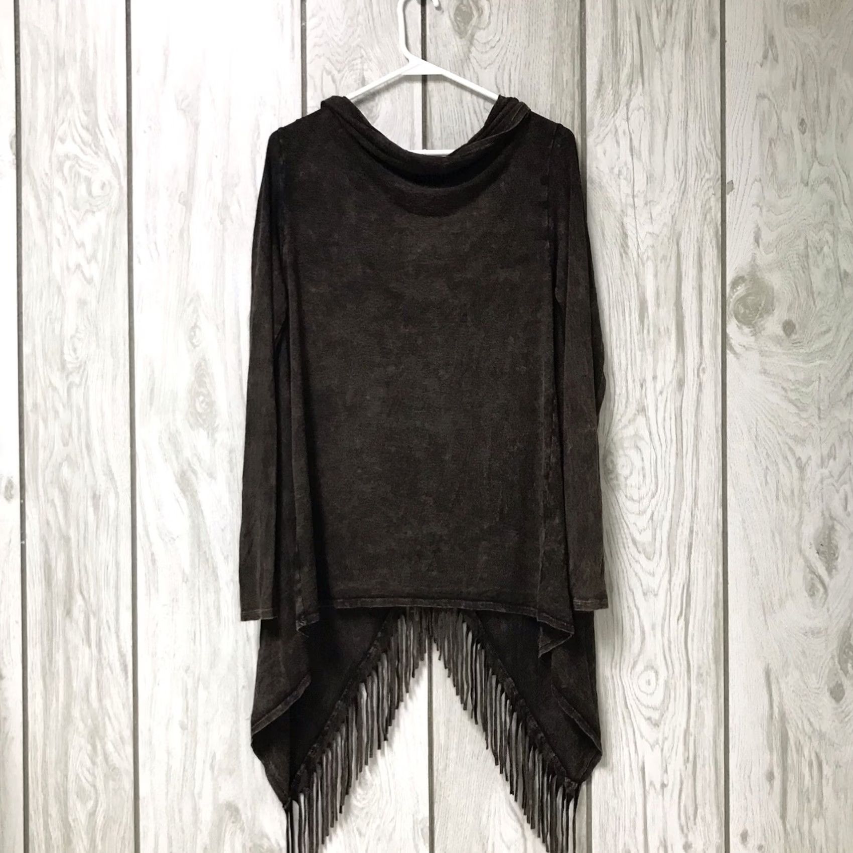 Vintage T-Party Cardigan Shirt Women S Green Fringe Mineral Wash Draped Cowl Neck Convertible Shawl Bohemian Western USA Size S / US 4 / IT 40 - 2 Thumbnail