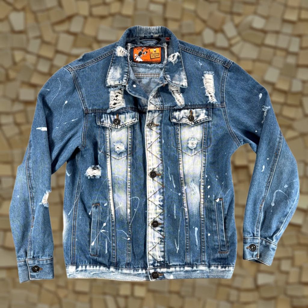 Denime Rolling Paper Jacket Mens Large Blue Denim Distressed 90s Punk Rock Casual Jacket Size US 33 - 1 Thumbnail