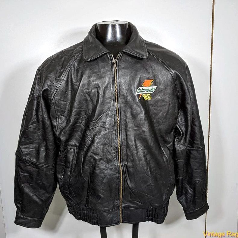 image of Vintage Burk's Bay Soft Leather Jacket Mens Size XL Black Insulated Zippered Gatorade in White