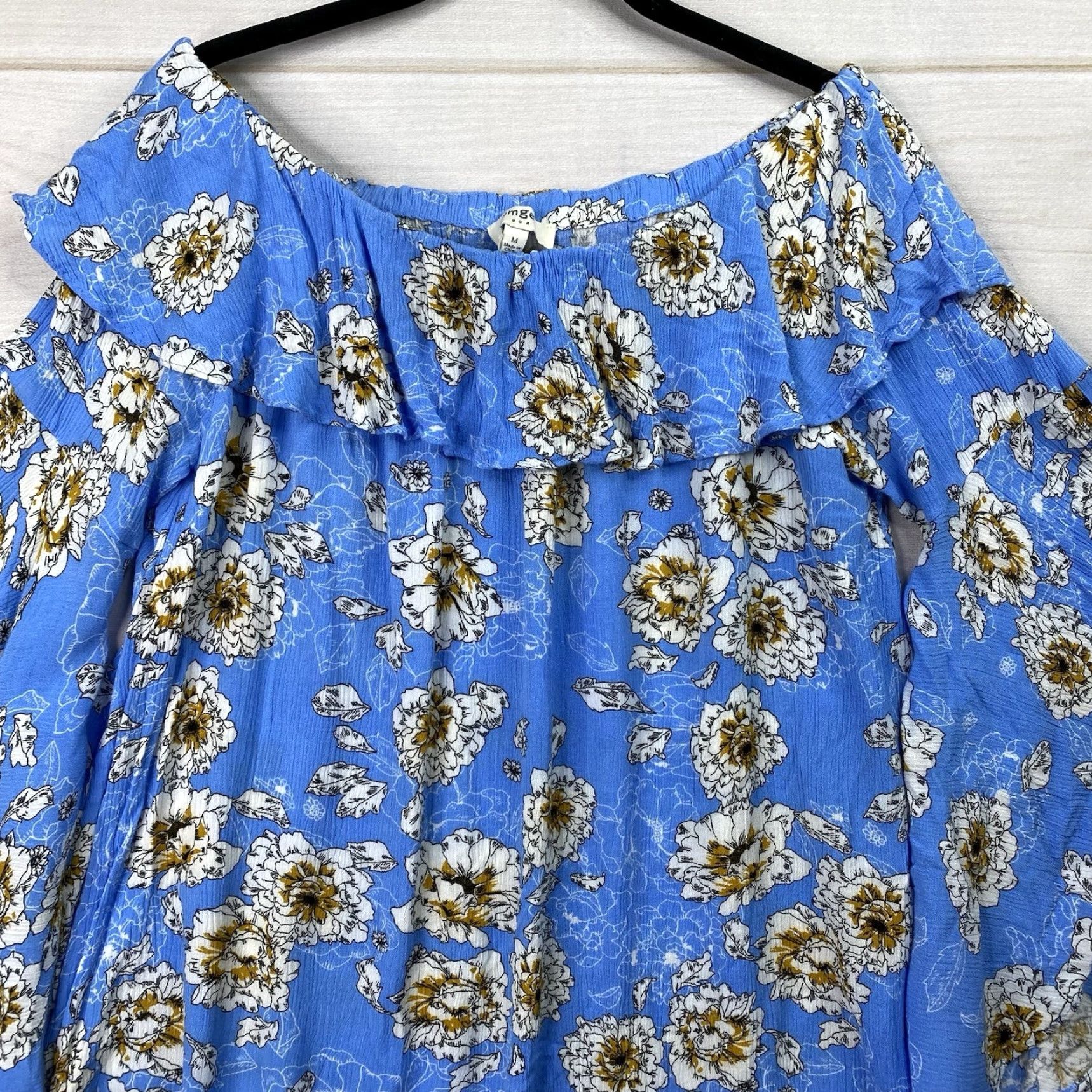 Bell UMGEE Blouse Off Shoulder Top 3/4 Bell Sleeve Blue Floral M Women Beach Boho Lightweight Cambray Shirt Size M / US 6-8 / IT 42-44 - 2 Thumbnail