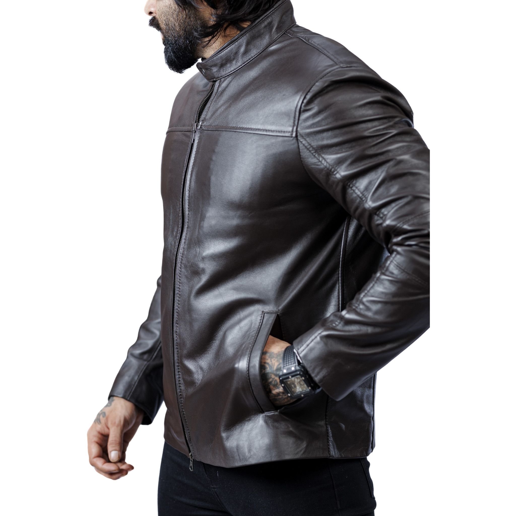 Handmade Handmade Genuine Sheepskin Cafe Racer - Brown - Medium Size US L / EU 52-54 / 3 - 3 Thumbnail