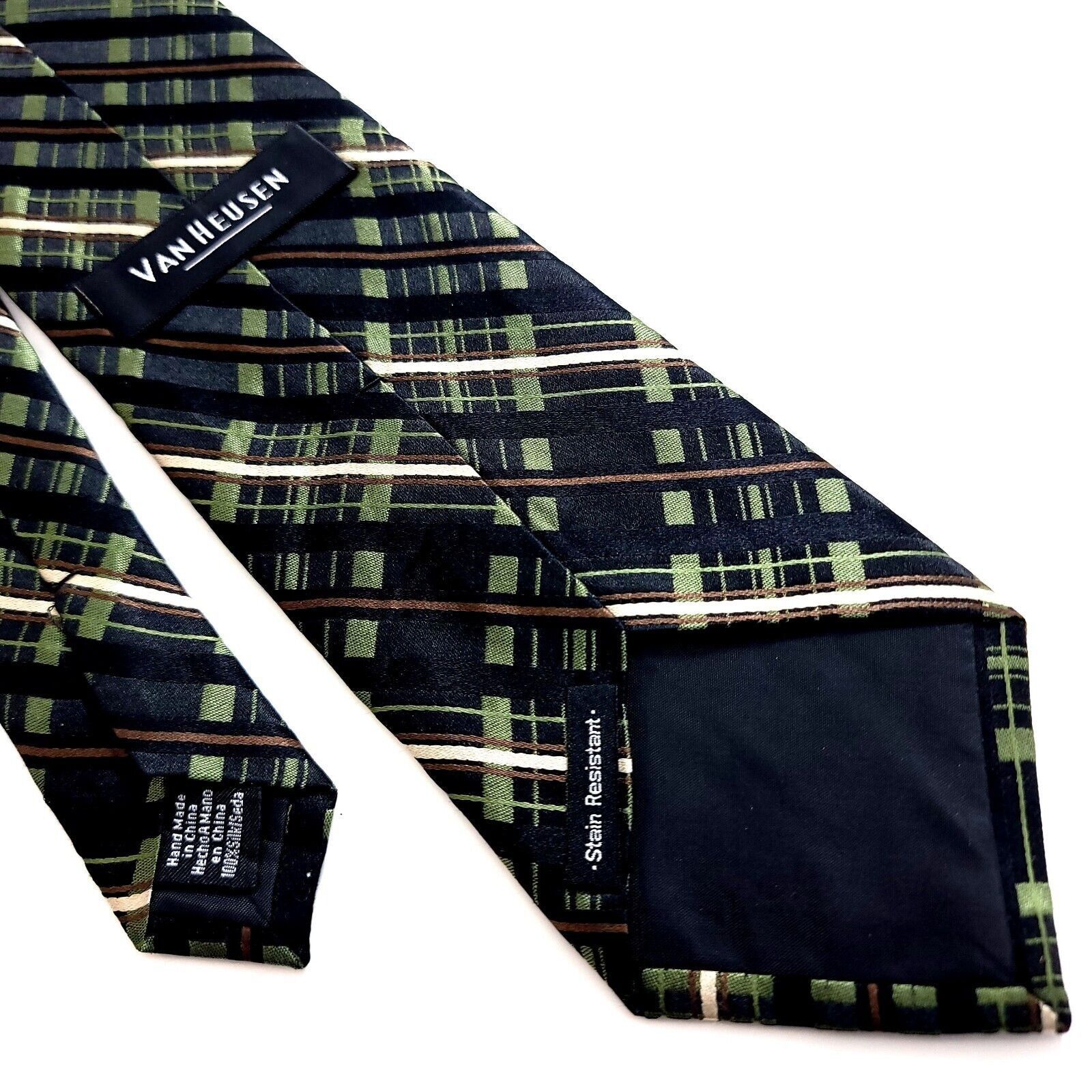 Van Heusen Van Heusen Green Black Plaid Woven Silk Tie Stain Resistant Size ONE SIZE - 5 Thumbnail