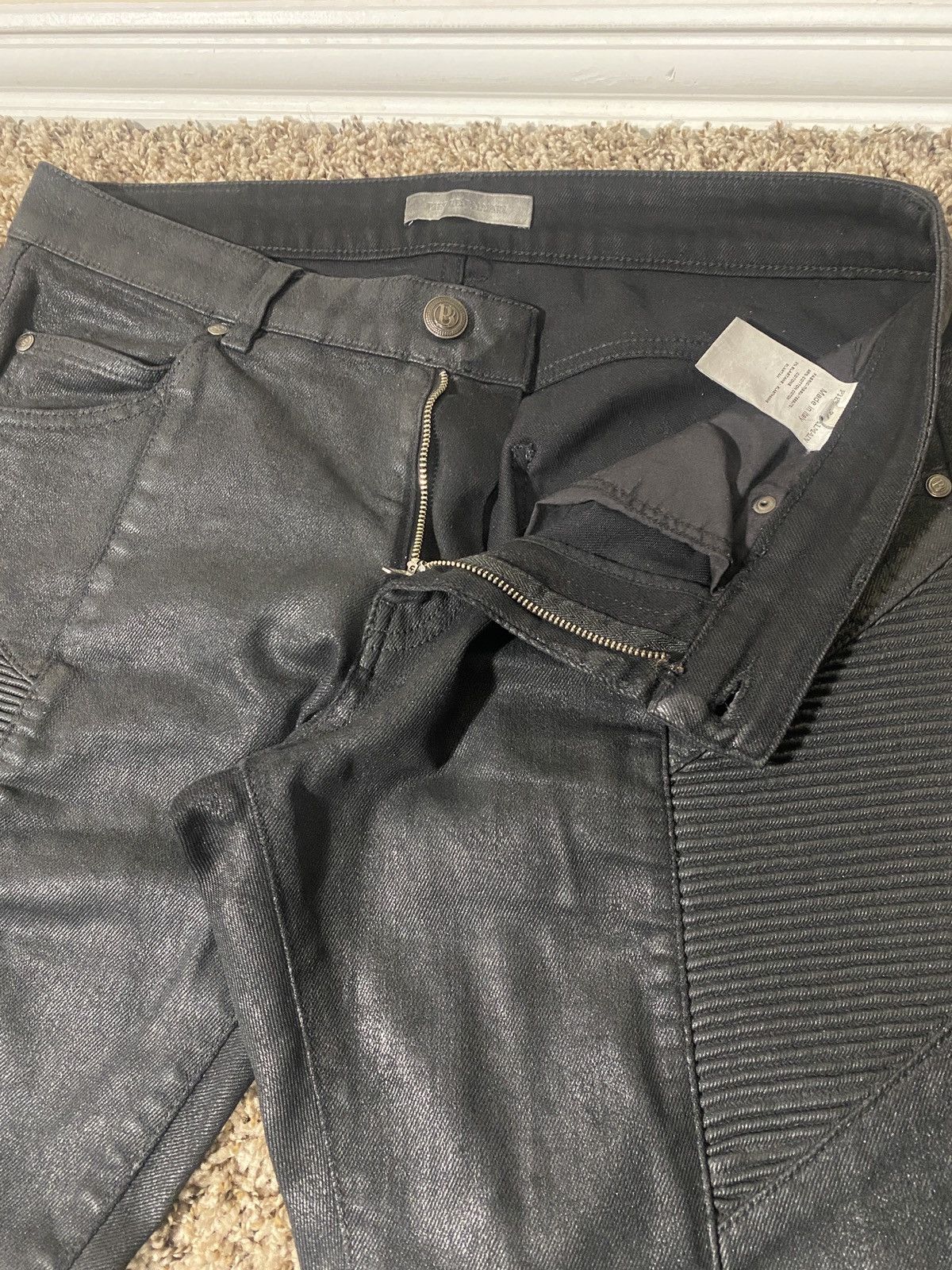 Balmain Pierre Balmain 2010s Black Wax Painted Biker Denim Jeans Size US 34 / EU 50 - 4 Thumbnail
