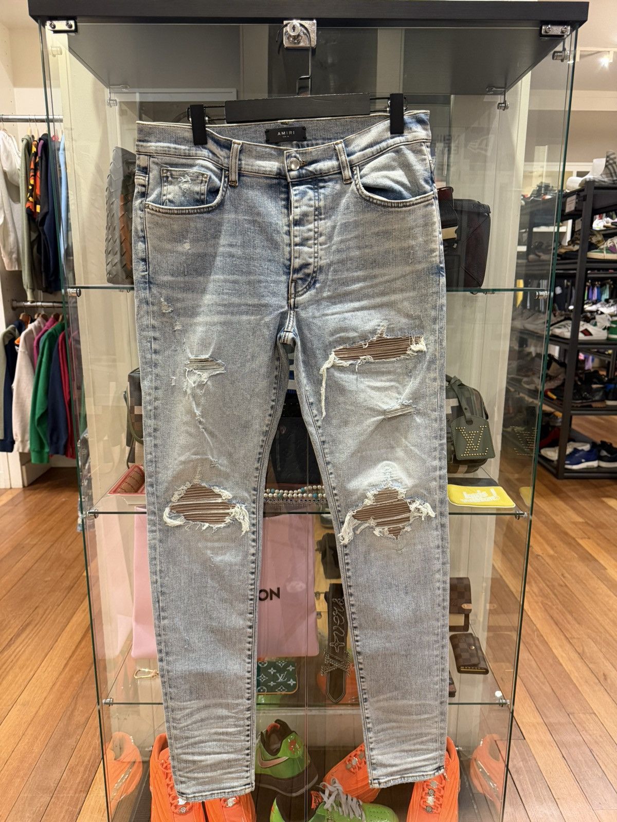 Amiri Mx1 Tan Suede Patch Denim Jeans