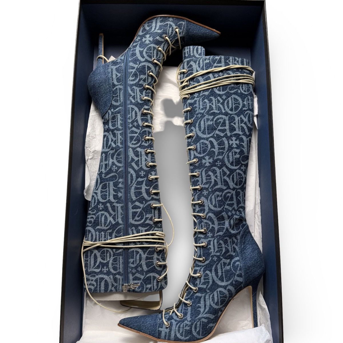 Chrome Hearts Chrome Hearts Denim Monogram Lace-Up Knee Boots Size US 8.5 / IT 38.5 - 1 Thumbnail