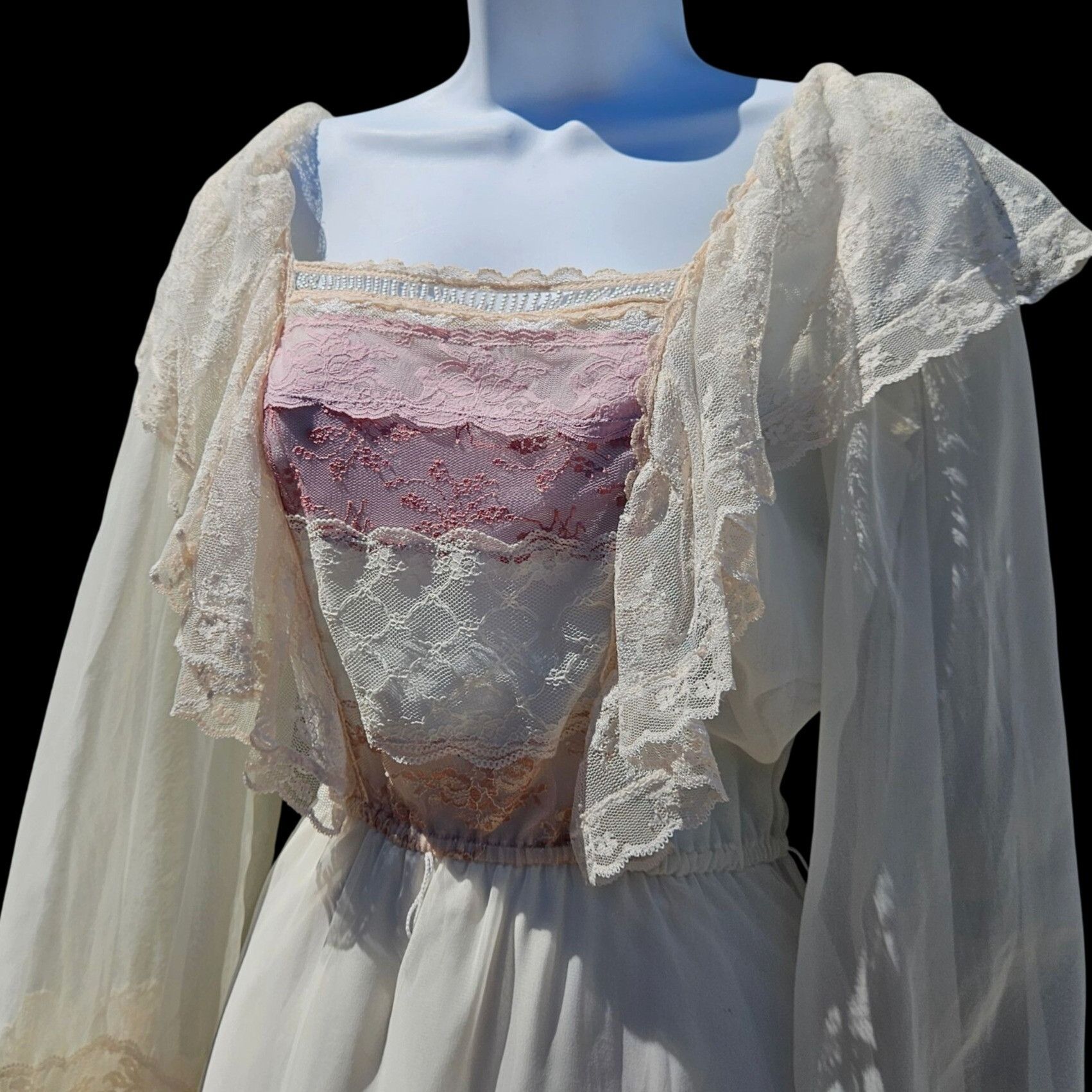 Casadei Vintage Casadei 80s Ivory Lace Beaded Prairie Fantasy Dress Size S / US 4 / IT 40 - 3 Thumbnail
