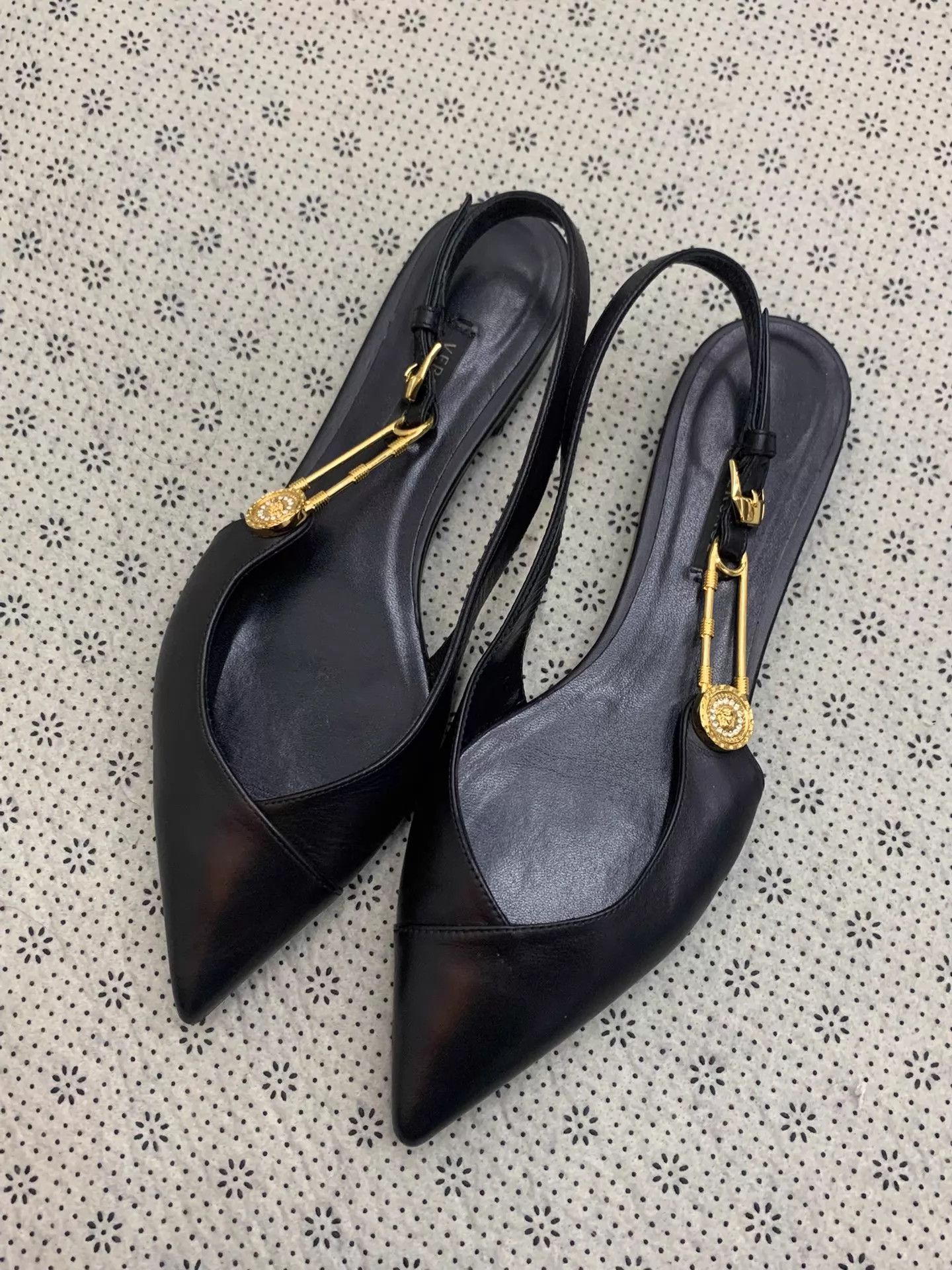 Versace Versace Black Pointed Toe Flat w/ Gold Pin 37 New Size US 6.5 / IT 36.5 - 1 Thumbnail