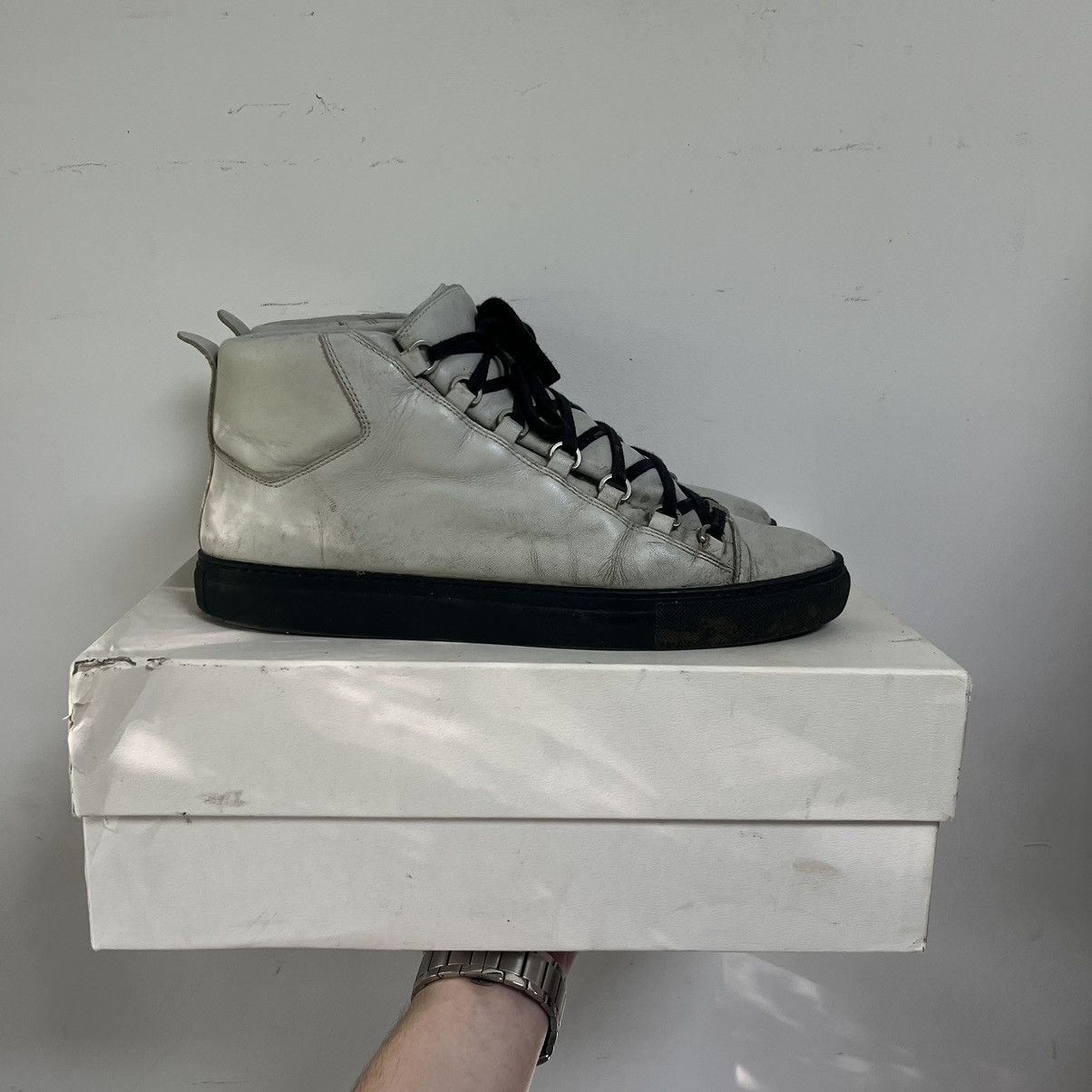 Balenciaga Arena High Leather Sneakers Shoes in Grey, Men's (Size 10)