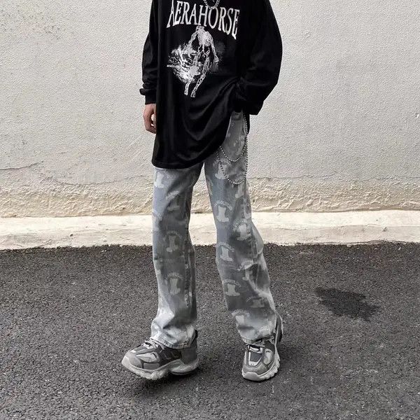 VIBE Retro bear print distressed straight wide-leg jeans Size US 30 / EU 46 - 2 Thumbnail