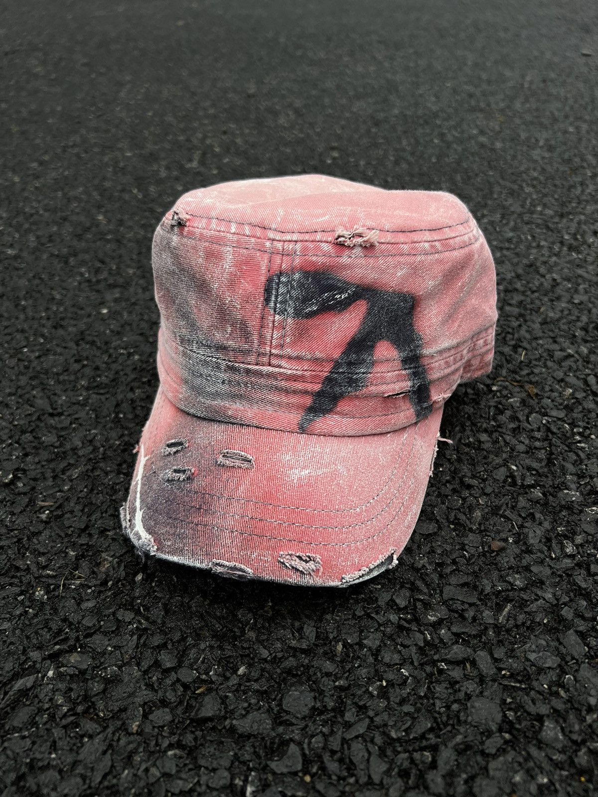 Pre-owned Maison Margiela Style Distressed Army Aphex Twin Cadet Hat In Red