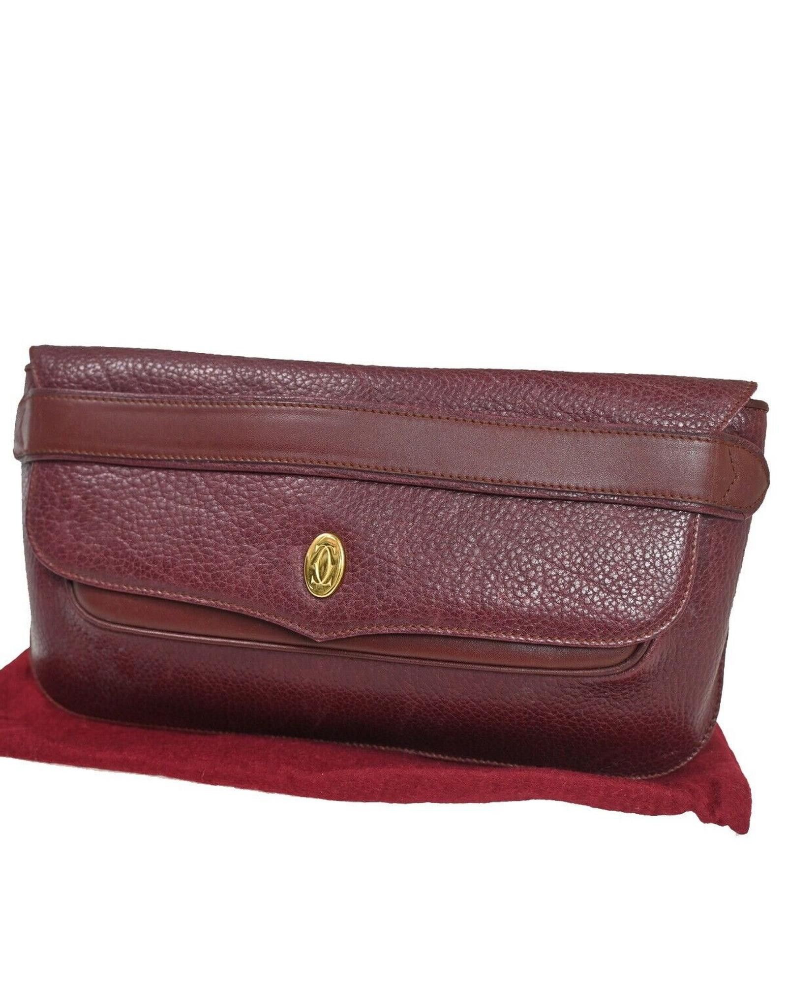 image of Cartier Elegant Burgundy Leather Clutch With Gold Hardware, Women's