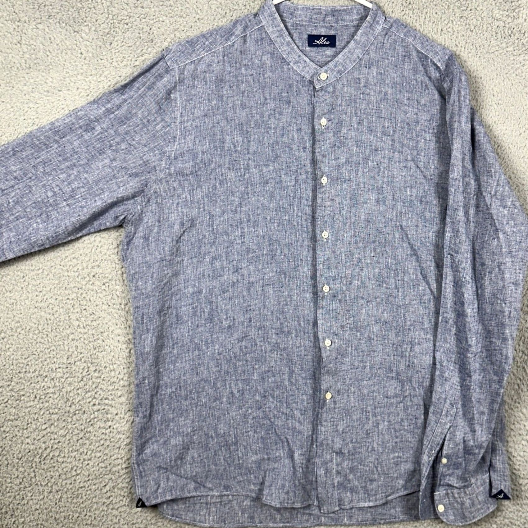 Vintage Alea Mens Shirt Dress Blue Linen Blend Band Collar Button Up Long Sleeve Size 48R - 2 Thumbnail