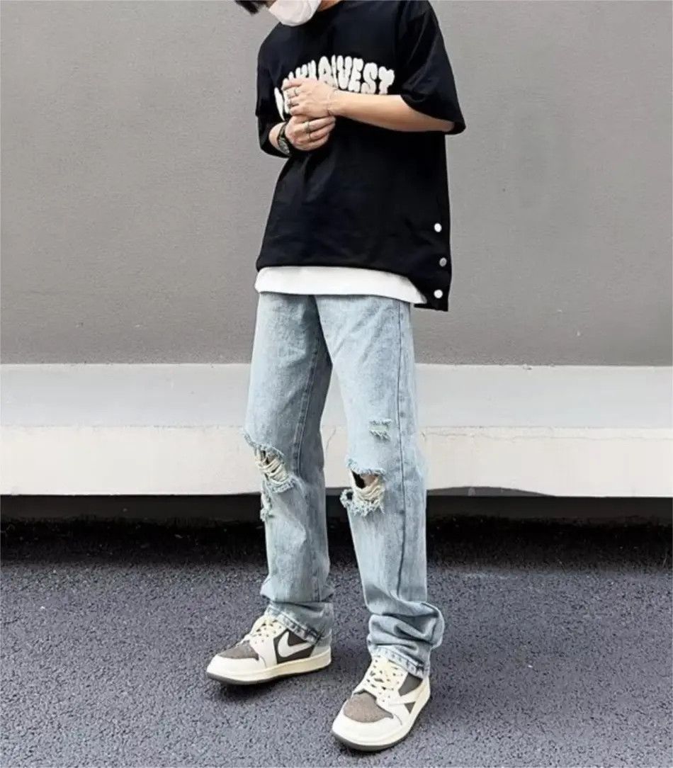 Japanese Brand Retro straight leg loose fitting casual distressed jeans Size US 30 / EU 46 - 4 Thumbnail