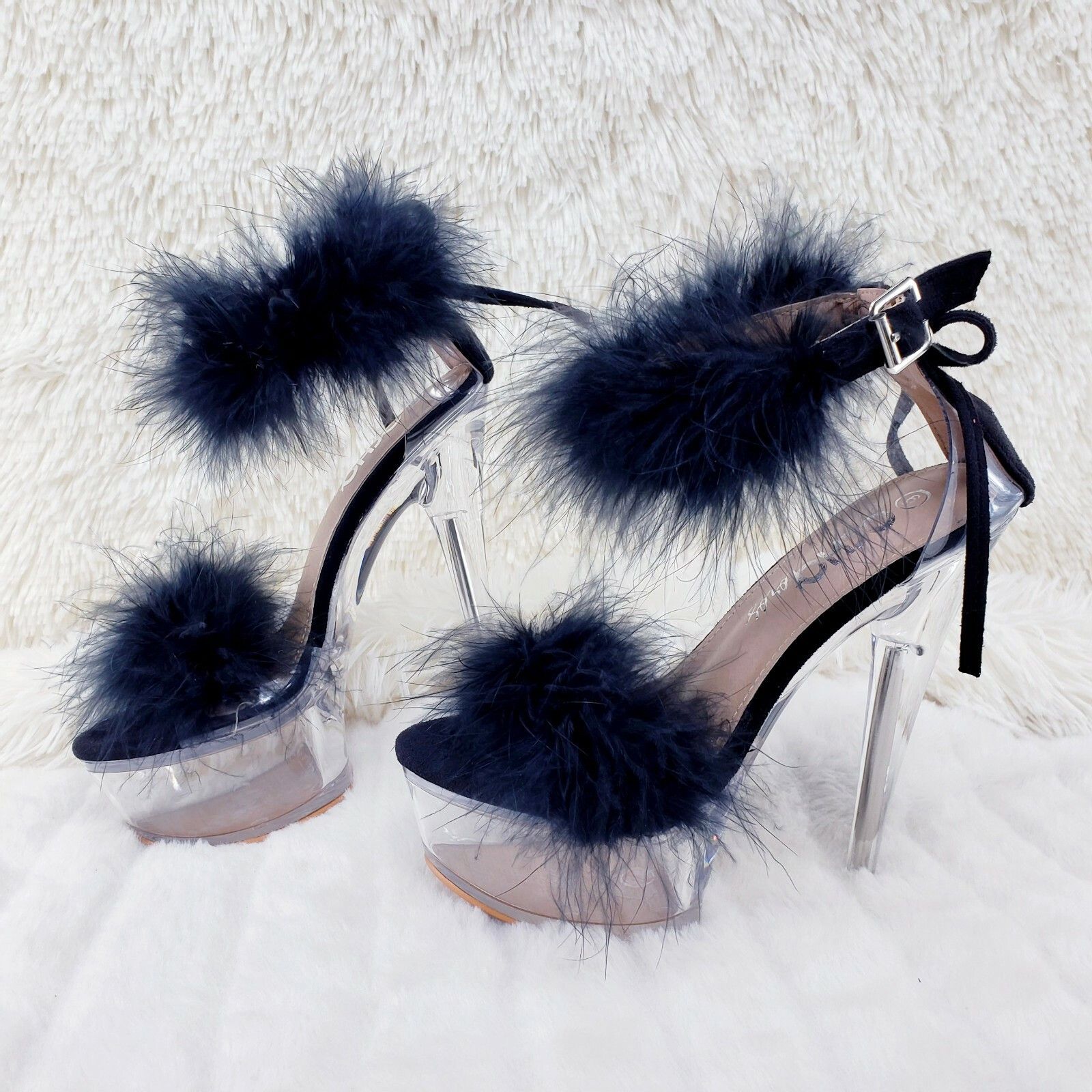 Other Black Marabou Feather Platform Shoes Sandals 6" High Heel Sa Size US 6 / IT 36 - 8 Thumbnail