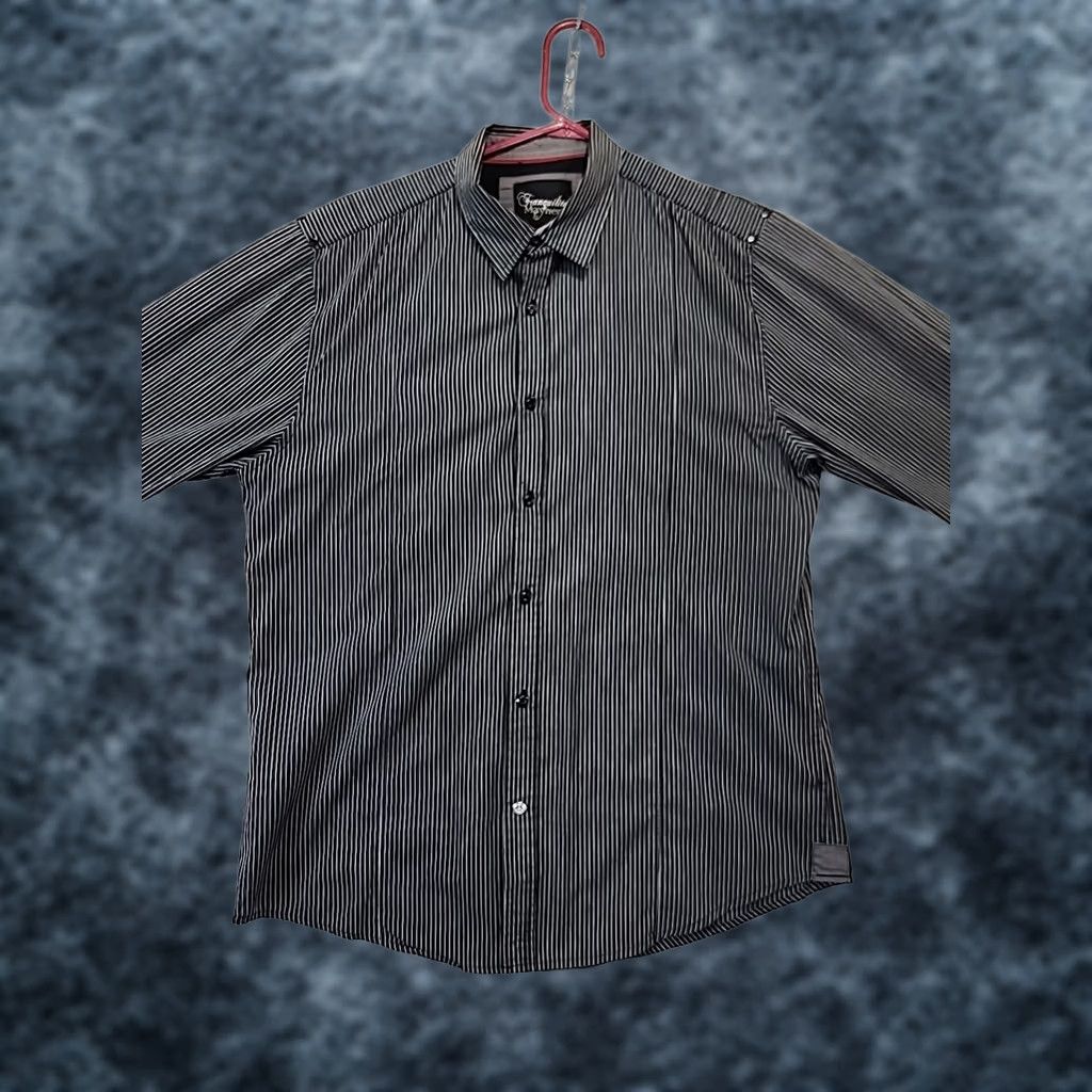 Vintage Tranquility Mayhem Men's Black Striped Long Sleeve Button-Up Shirt - L Regular, Fold-Over Flip Cuff, Pocket, All Seasons, Woven Size 42R - 1 Thumbnail
