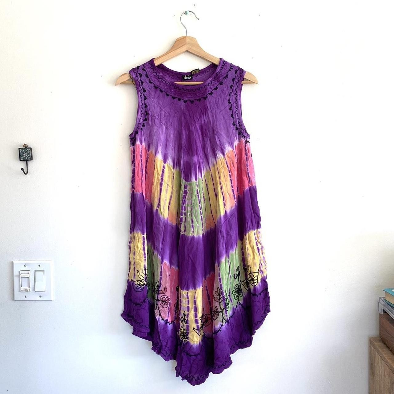 Vintage PURPLE TIE DYE BOHO MINI DRESS VINTAGE ONE SIZE Size ONE SIZE - 2 Thumbnail