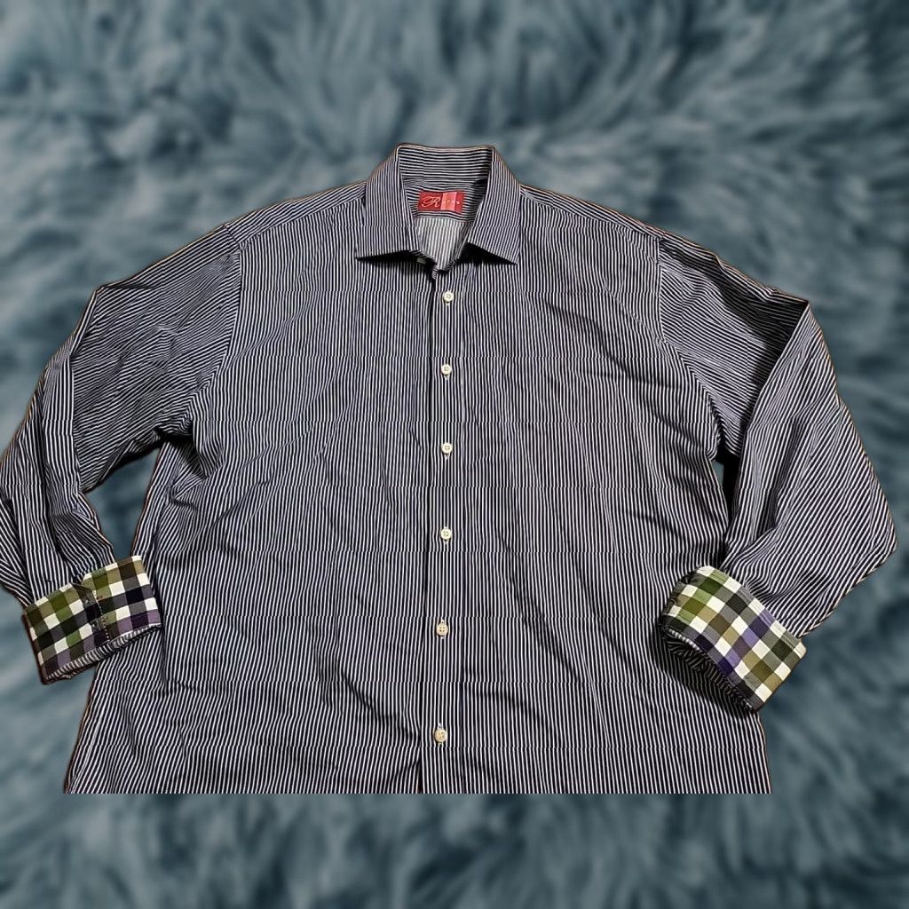 J Brand Rufus Pinstriped Button-Up Shirt LS Flip Cuff 2XL Mens Blue White Multicolor Pinstripe Button-Up Shirt Men Size US XXL / EU 58 / 5 - 1 Thumbnail