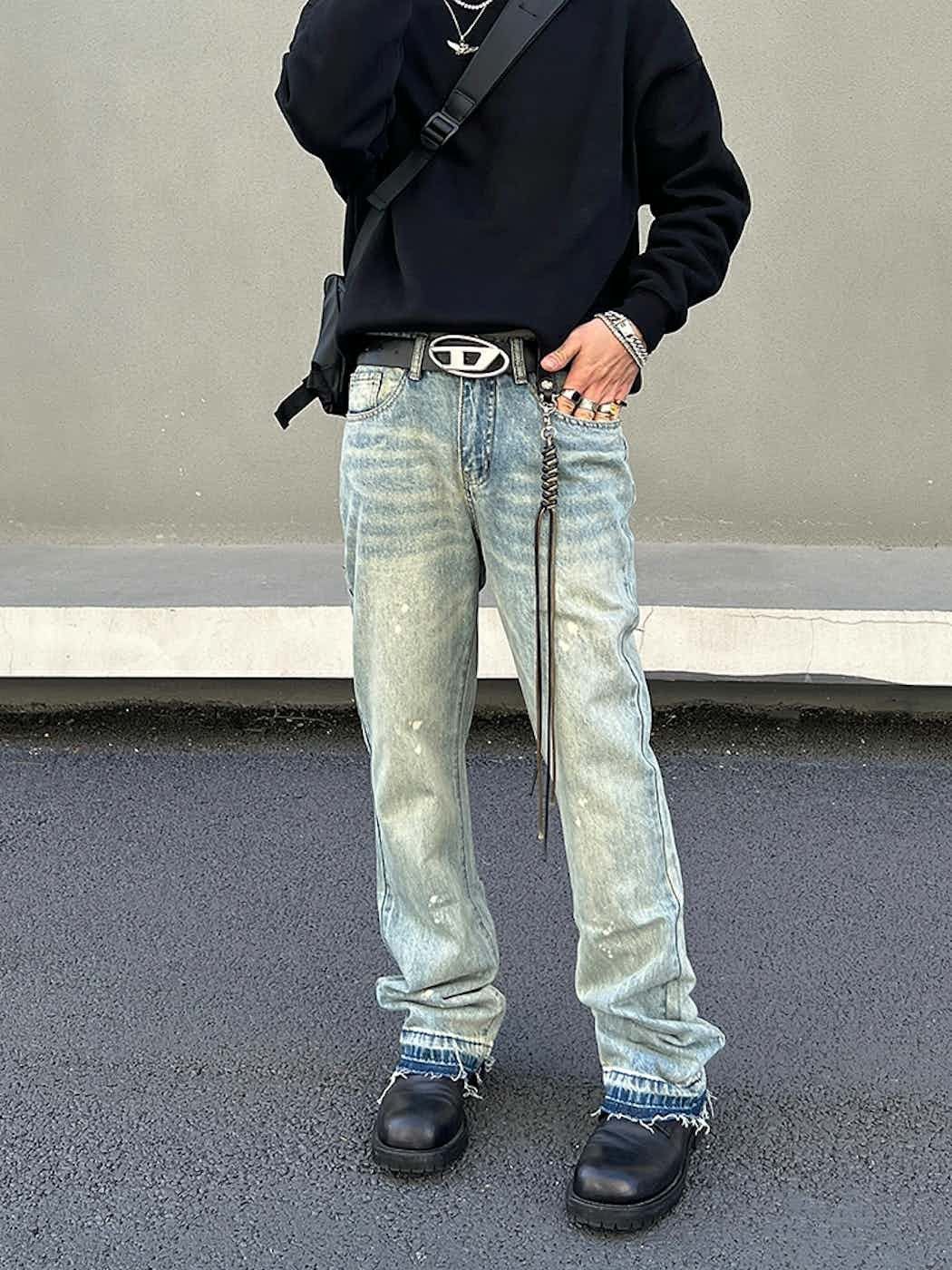 washed faded damaged paint flared jeans